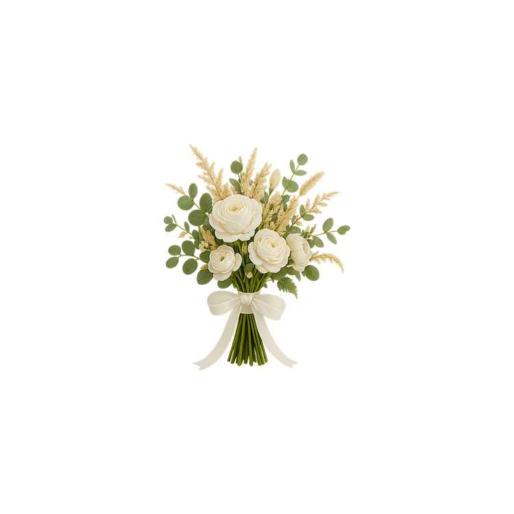 Brautstrauß mit weißen Rosen, Eukalyptus und Ziergras, gebunden mit weißem Satinband
